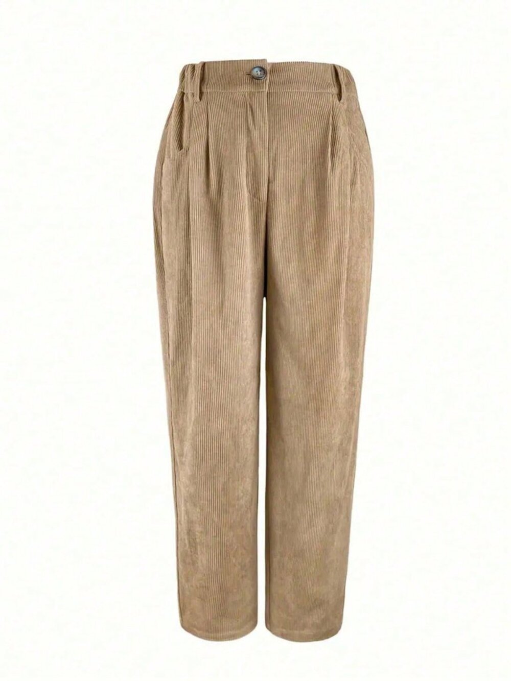 Khaki Casual Women's Plus Size Regular Corduroy Straight Leg Pants - Picture 3 of 4